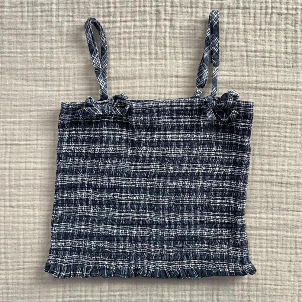 FOREVER 21 blue and white plaid smocked tank top with bow details